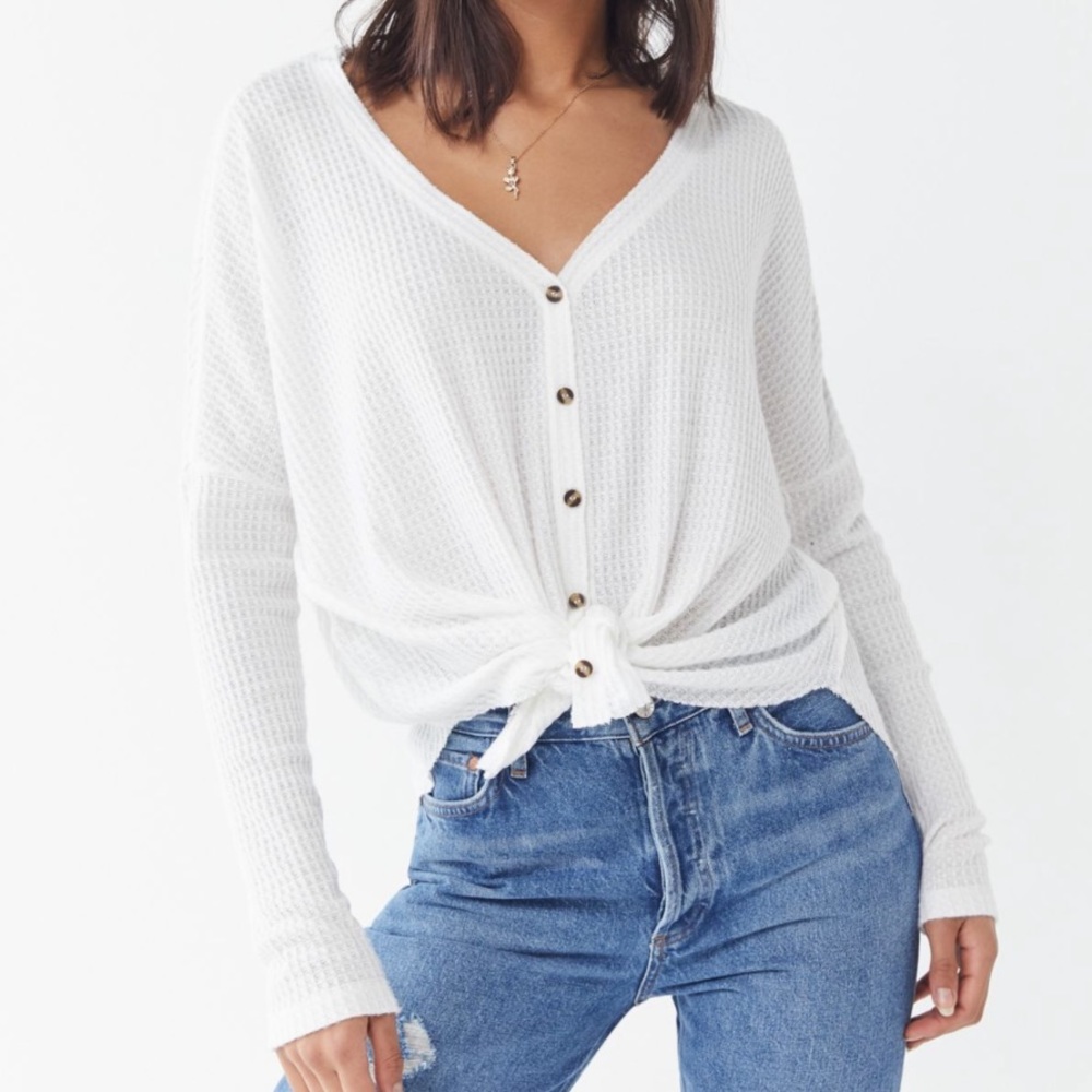Urban Outfitters White Waffle-Knit Button Front Top